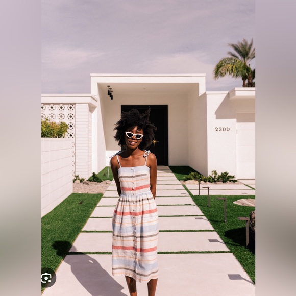 Gal Meets Glam Collection Striped Button Down Tie Shoulder Dress, Size 6 - Picture 2 of 5